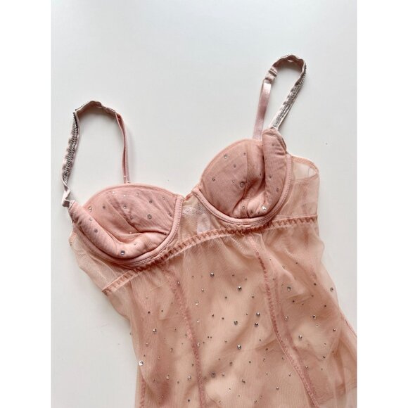 I.D. SARRIERI Light Pink Mesh Swarovski Rhinestone Thong Bodysuit, Size M - Picture 2 of 16
